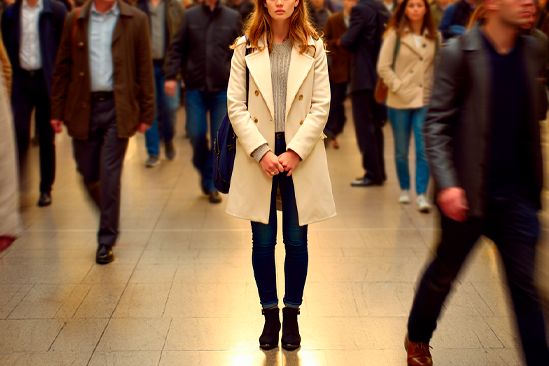 Девушка стоит в толпе и переживает